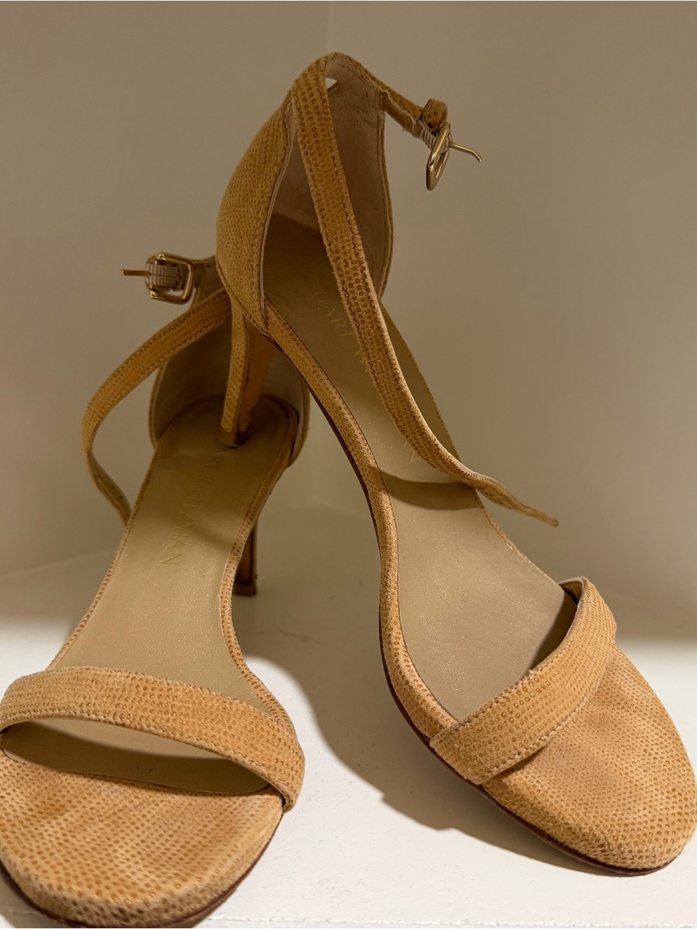 Stuart Weitzman Tan Open-Toe Ankle-Strap Heels